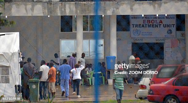 Photo taken on October 11, 2014 shows the entrance to the recently opened Ebola Island Clinic in Monrovia. Liberia said on October 10 it was banning...