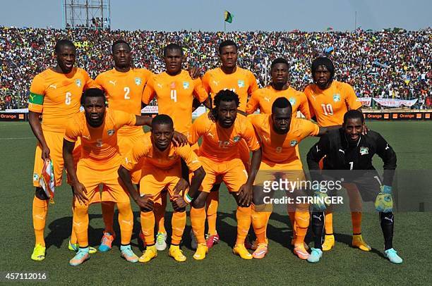 Ivory Coast's midfielder Yaya Toure, defender Ousmane Viera, defender Franck Kessie, defender Siaka Tiene, defender Serge Aurier, midfielder...