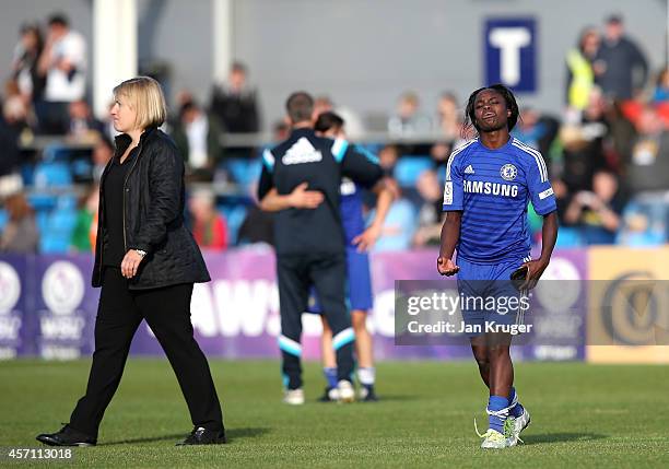 Eniola Aluko of Chelsea Ladies shows her dejection at the final whistle during the WSL match between Manchester City Women and Chelsea Ladies at the...