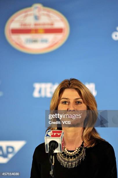 Irina Pavlova, President, Onexim Sports And Entertainment Holding USA, Inc., attends a press conference prior to the 2014 NBA Global Games at the...