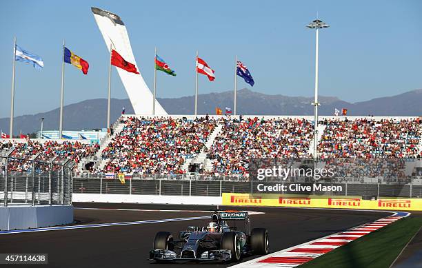 Lewis Hamilton of Great Britain and Mercedes GP drives during the Russian Formula One Grand Prix at Sochi Autodrom on October 12, 2014 in Sochi,...