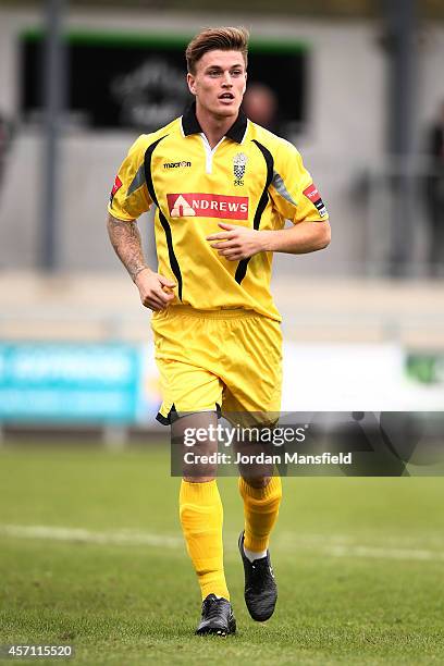 Joe Bingham of Redhill in action during the FA Cup Qualifying Third Round match between Greenwich Borough FC and Redhill on October 12, 2014 in...