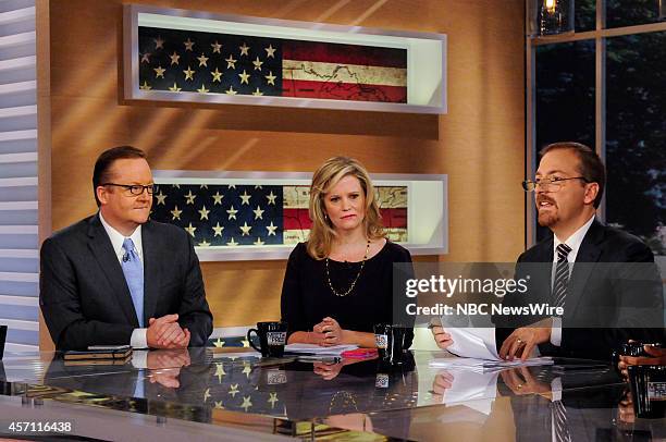 Pictured: Robert Gibbs, Fmr. White House Press Secretary, Sara Fagen, Fmr. White House Political Director, and moderator Chuck Todd appear on "Meet...