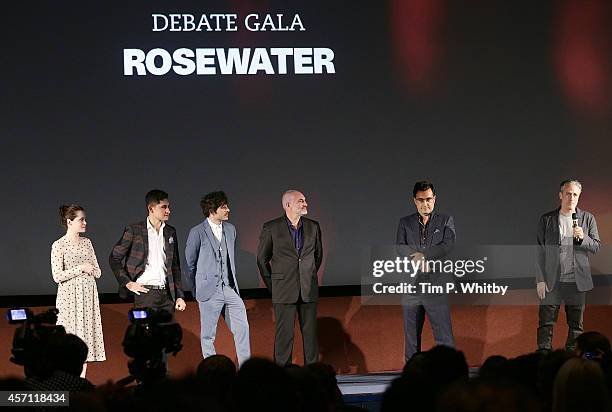 Claire Foy, Amir El-Masry, Dimitri Leonidas, Kim Bodnia, Maziar Bahari and Jon Stewart attend the screening of "Rosewater" during the 58th BFI London...