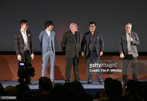 Amir El-Masry, Dimitri Leonidas, Kim Bodnia, Maziar Bahari and Jon Stewart attend the red carpet arrivals of "Rosewater" during the 58th BFI London...