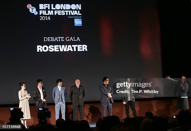 Claire Foy, Amir El-Masry, Dimitri Leonidas, Kim Bodnia, Maziar Bahari, Jon Stewart and Clare Stewart attend the screening of "Rosewater" during the...