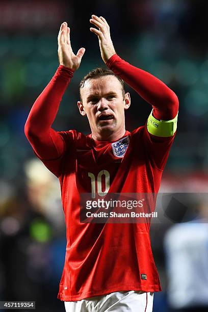 Winning goalscorer Wayne Rooney of England applauds the travelling fans following his team's 1-0 victory during the EURO 2016 Qualifier match between...