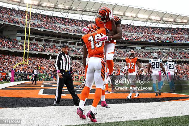 Mohamed Sanu of the Cincinnati Bengals congratulates Brandon Tate of the Cincinnati Bengals after scoring a touchdown against the Carolina Panthers...