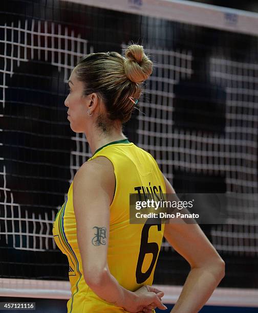 Thaisa Menezes of Brazi looks on during the FIVB Women's World Championship 3rd Place Playoff match between Italy and Brazil on October 12, 2014 in...