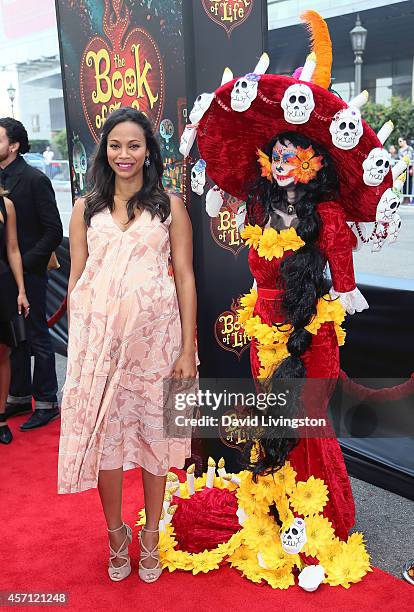 Actress Zoe Saldana attends the premiere of Twentieth Century Fox and Reel FX Animation Studios' "The Book of Life" at Regal Cinemas L.A. Live on...