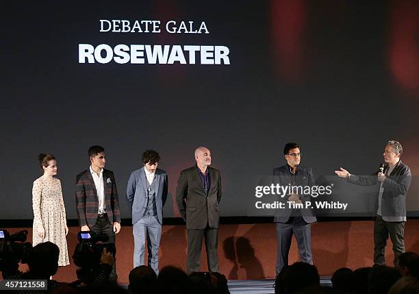 Amir El-Masry, Dimitri Leonidas, Kim Bodnia, Maziar Bahari and Jon Stewart attend the red carpet arrivals of "Rosewater" during the 58th BFI London...