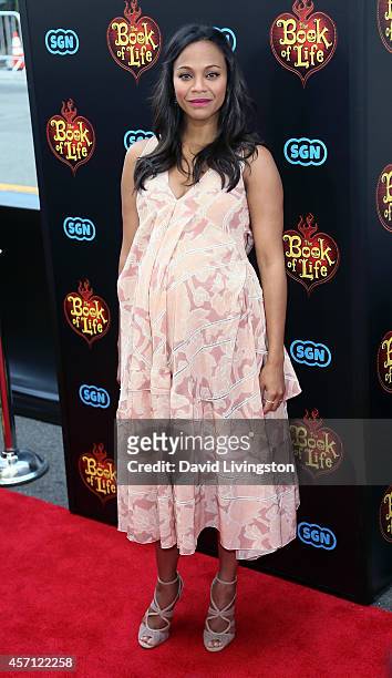 Actress Zoe Saldana attends the premiere of Twentieth Century Fox and Reel FX Animation Studios' "The Book of Life" at Regal Cinemas L.A. Live on...