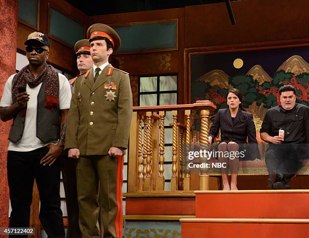 Bill Hader" Episode 1665 -- Pictured: Jay Pharoah as Dennis Rodman, Kyle Mooney, Cecily Strong and Bobby Moynihan as Kim Jong-un during the "Cold...