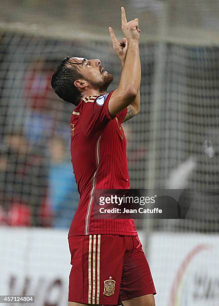 Paco Alcacer of Spain celebrates his goal during the Euro 2016 qualifier match between Luxembourg and Spain at Stade Josy Barthel stadium on October...