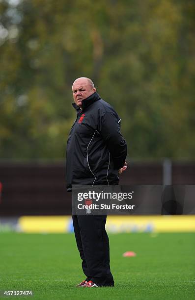 London Welsh head coach Justin Burnell looks on before the Aviva Premiership match between London Welsh and Newcastle Falcons at Kassam Stadium on...