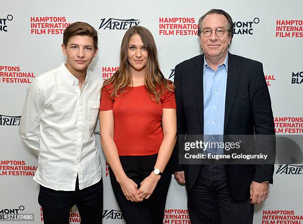 Tye Sheridan, Lola Kirke and Steven Gaydos attend Variety's 10 Actors To Watch Brunch with Hilary Swank during the 2014 Hamptons International Film...