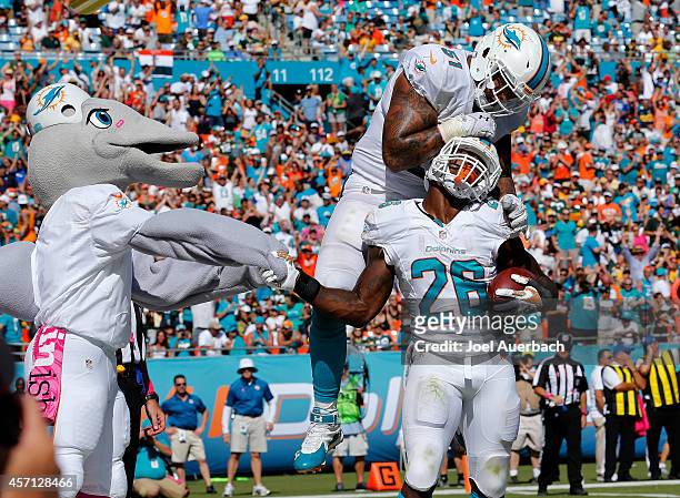 Running back Lamar Miller of the Miami Dolphins celebrates his fourth quarter touchdown with the Dolphins' mascot and teammate Mike Pouncey during...