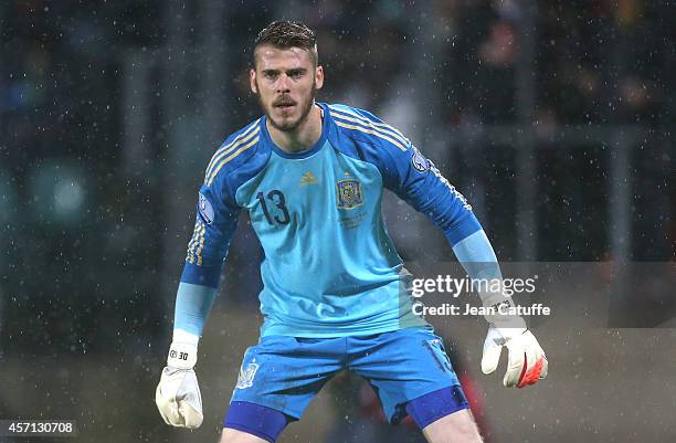 Goalkeeper of Spain David de Gea in action during the Euro 2016 qualifier match between Luxembourg and Spain at Stade Josy Barthel stadium on October...