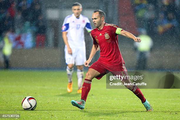 Andres Iniesta of Spain in action during the Euro 2016 qualifier match between Luxembourg and Spain at Stade Josy Barthel stadium on October 12, 2014...