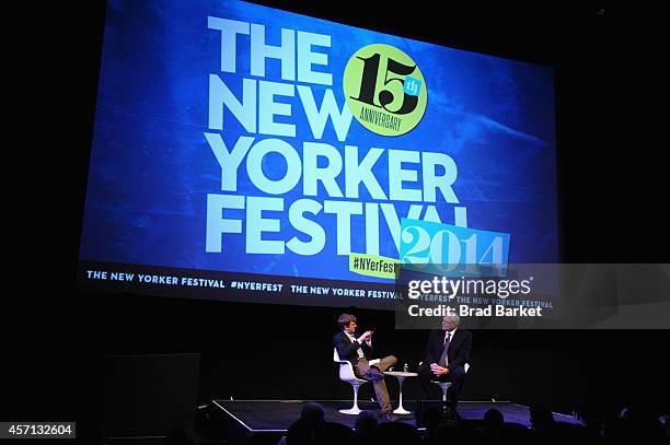 The New Yorker contributor Ben McGrath and basketball coach Phil Jackson speak on stage at Phil Jackson in Conversation with Ben McGrath at the...