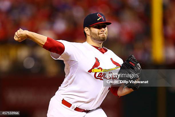 Lance Lynn of the St. Louis Cardinals pitches in the first inning against the San Francisco Giants during Game Two of the National League...