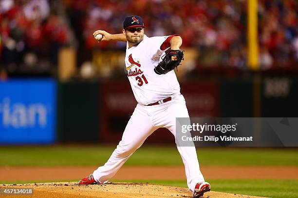 Lance Lynn of the St. Louis Cardinals pitches in the first inning against the San Francisco Giants during Game Two of the National League...