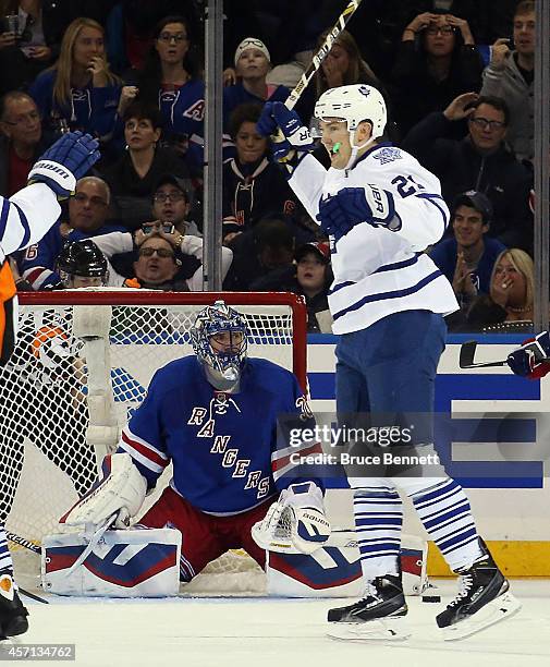 James van Riemsdyk of the Toronto Maple Leafs celebrates his sorthanded goal at 9:43 of the second period against Henrik Lundqvist of the New York...