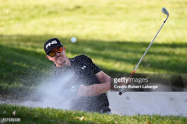 Hunter Mahan hits from the bunker on the 16th hole during the final round of the Frys.com Open at Silverado Resort and Spa on October 12, 2014 in...