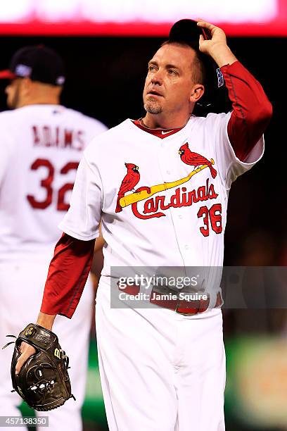 Randy Choate of the St. Louis Cardinals reacts during Game Two of the National League Championship Series against the San Francisco Giants at Busch...