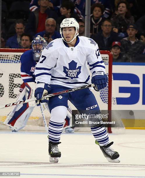 Brandon Kozun of the Toronto Maple Leafs skates against the New York Rangers at Madison Square Garden on October 12, 2014 in New York City. The Maple...