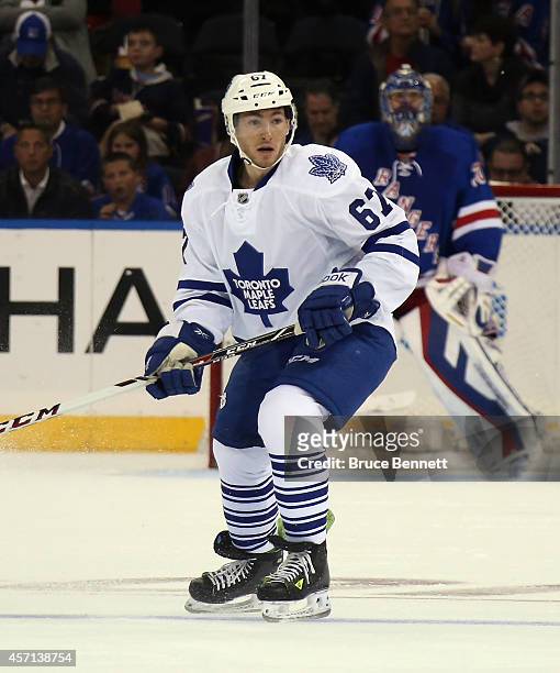 Brandon Kozun of the Toronto Maple Leafs skates against the New York Rangers at Madison Square Garden on October 12, 2014 in New York City. The Maple...