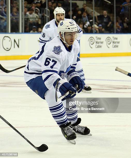 Brandon Kozun of the Toronto Maple Leafs skates against the New York Rangers at Madison Square Garden on October 12, 2014 in New York City. The Maple...