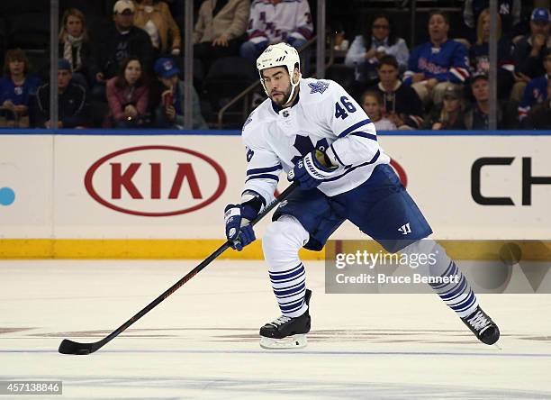 Roman Polak of the Toronto Maple Leafs skates against the New York Rangers at Madison Square Garden on October 12, 2014 in New York City. The Maple...