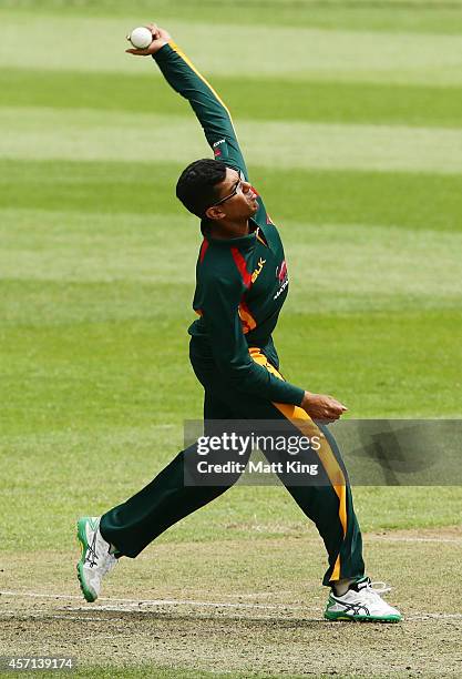 Clive Rose of the Tigers bowls during the Matador BBQs One Day Cup match between Tasmania and Western Australia at North Sydney Oval on October 13,...