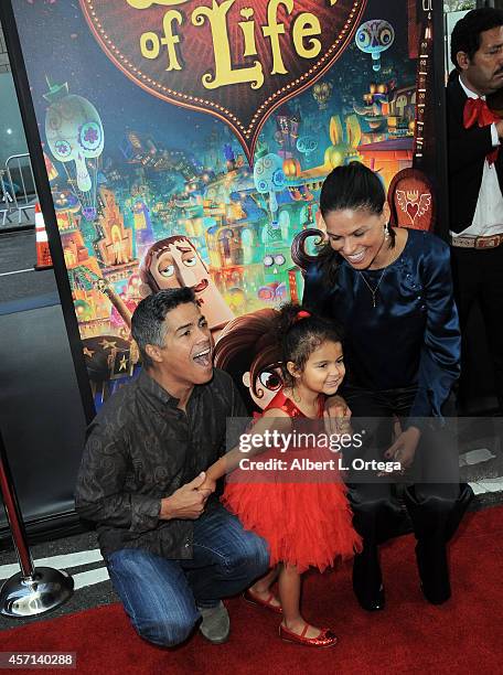 Actor Esai Morales, Mariana Morales and Elvimar Silva arrive for the Premiere Of Twentieth Century Fox And Reel FX Animation Studios' "The Book Of...