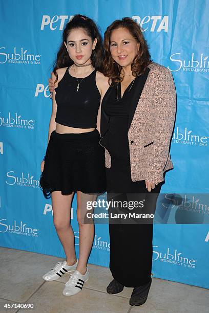 Samia Najimy Finnerty and Kathy Najimy pose during a PETA event, and receives animal protection award at Sublime Restaurant on October 12, 2014 in...