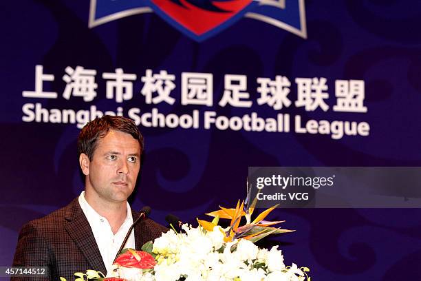 Michael Owen attends a press conference as the ambassador of Shanghai School Football League on October 12, 2014 in Shanghai, China.