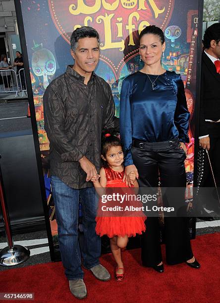 Actor Esai Morales, Mariana Morales and Elvimar Silva arrive for the Premiere Of Twentieth Century Fox And Reel FX Animation Studios' "The Book Of...