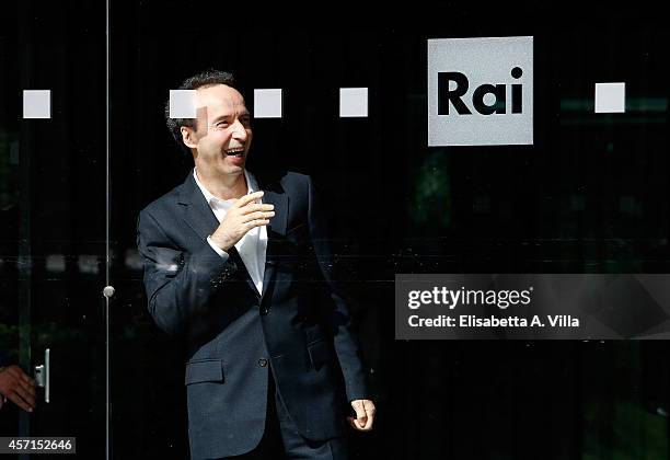 Roberto Benigni attends a photocall at RAI Viale Mazzini on October 13, 2014 in Rome, Italy.