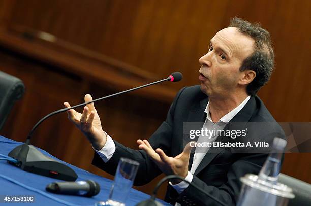 Roberto Benigni attends a press conference at RAI Viale Mazzini on October 13, 2014 in Rome, Italy.