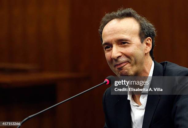 Roberto Benigni attends a press conference at RAI Viale Mazzini on October 13, 2014 in Rome, Italy.