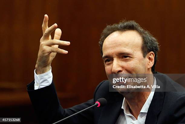 Roberto Benigni attends a press conference at RAI Viale Mazzini on October 13, 2014 in Rome, Italy.