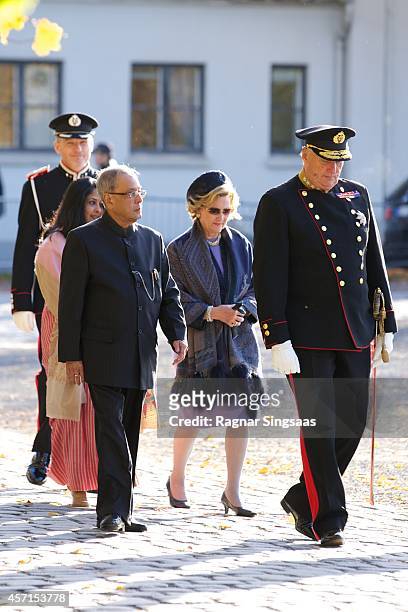 The President of India Pranab Mukherjee, Queen Sonja of Norway and King Harald V of Norway attend a wreath laying ceremony at the National Monument...