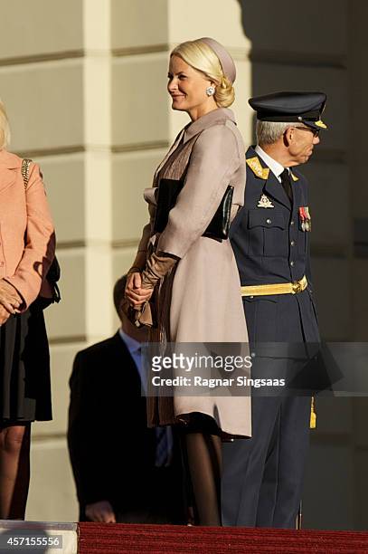 Princess Mette-Marit of Norway attends the official welcoming ceremony at the Royal Palace during the first day of the state visit from India on...