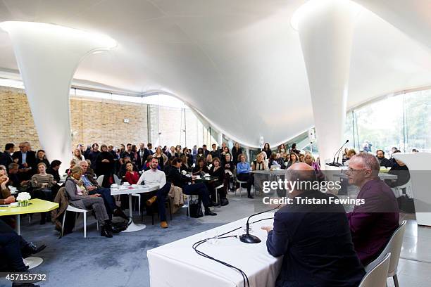 Hans Ulrich Obrist, Co-Director, Exhibitions and Programmes and Director of International Projects, and Artist Bertrand Lavier attend a photocall as...