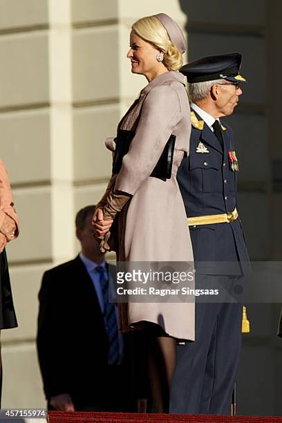Princess Mette-Marit of Norway attends the official welcoming ceremony at the Royal Palace during the first day of the state visit from India on...