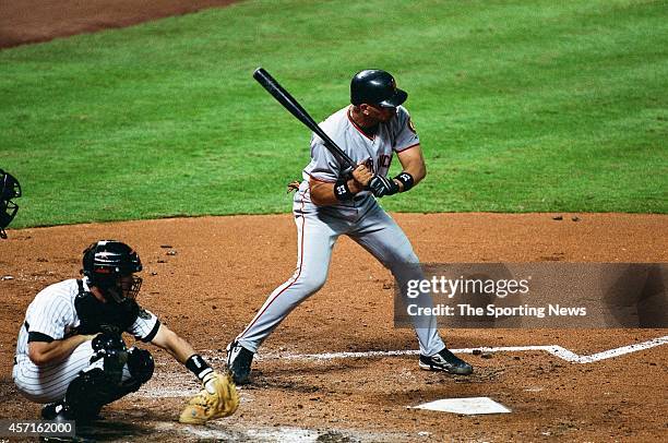 October 3: Benito Santiago of the San Francisco Giants bats against the Houston Astros on OCTOBER 3, 2001 at Minute Maid Park in Houston, Texas.