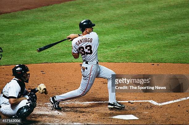 October 3: Benito Santiago of the San Francisco Giants bats against the Houston Astros on OCTOBER 3, 2001 at Minute Maid Park in Houston, Texas.