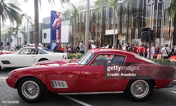 Ferrari is on display at the 'Race Through the Decades 1954-2014'' during the celebration of 60th anniversary of Ferrari in Beverly Hills, United...