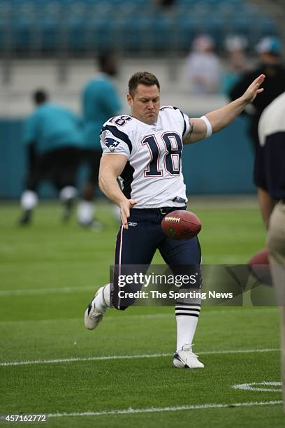 Todd Sauerbrun of the New England Patriots punts the ball away during warm-ups before a game against the Jacksonville Jaguars on December 24, 2006 at...